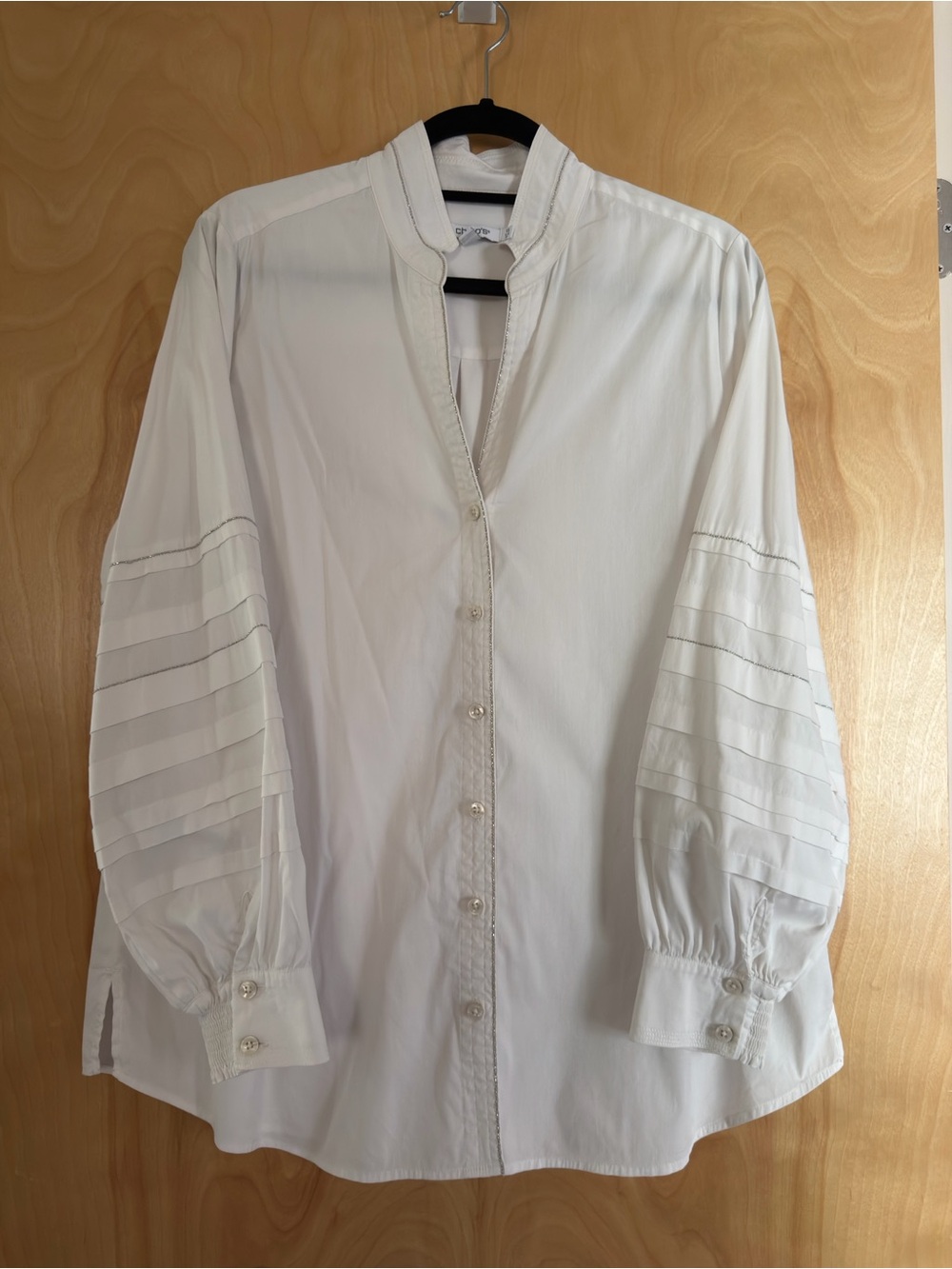 Chico's Ivory Pintuck Sleeve Band-Collar Button-Up Blouse